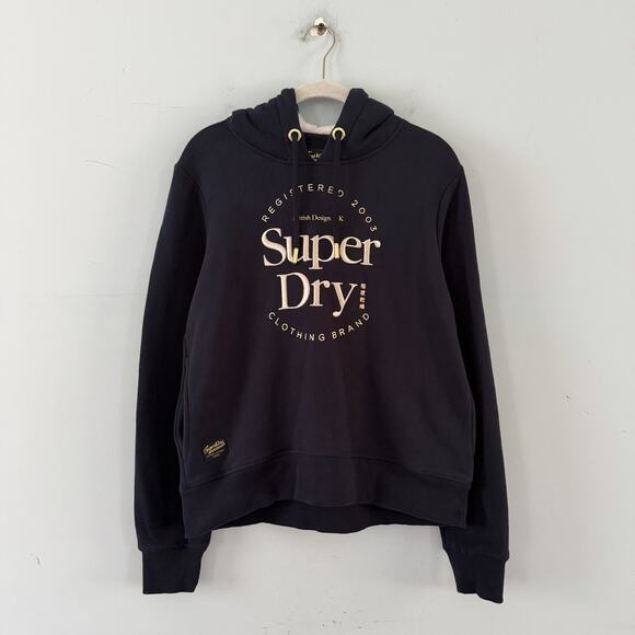 Superdry Luxe Metallic Logo Nautical Navy Hoodie Womens Sweatshirt - Picture 3 of 7